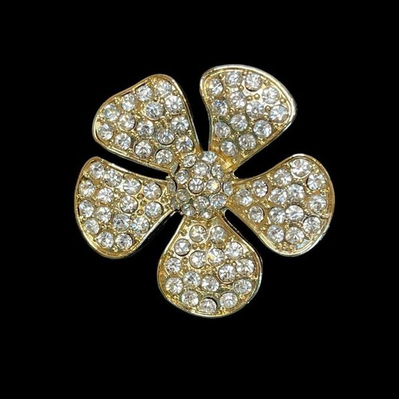 Vintage Rhinestone Flower Brooch Gold Tone Clear Rhinestones - Picture 1 of 5